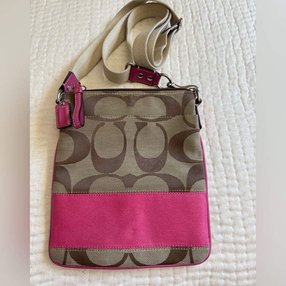 Coach Pink and Brown Crossbody Bag with Signature Monogram